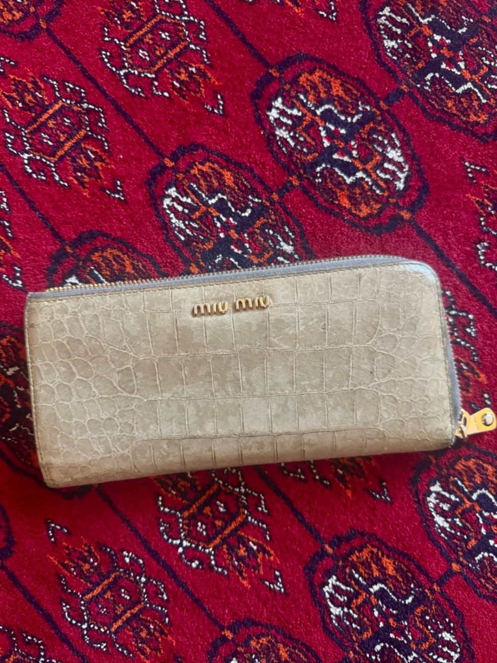 Miu Miu Gold Croc-Embossed Zip Around Wallet